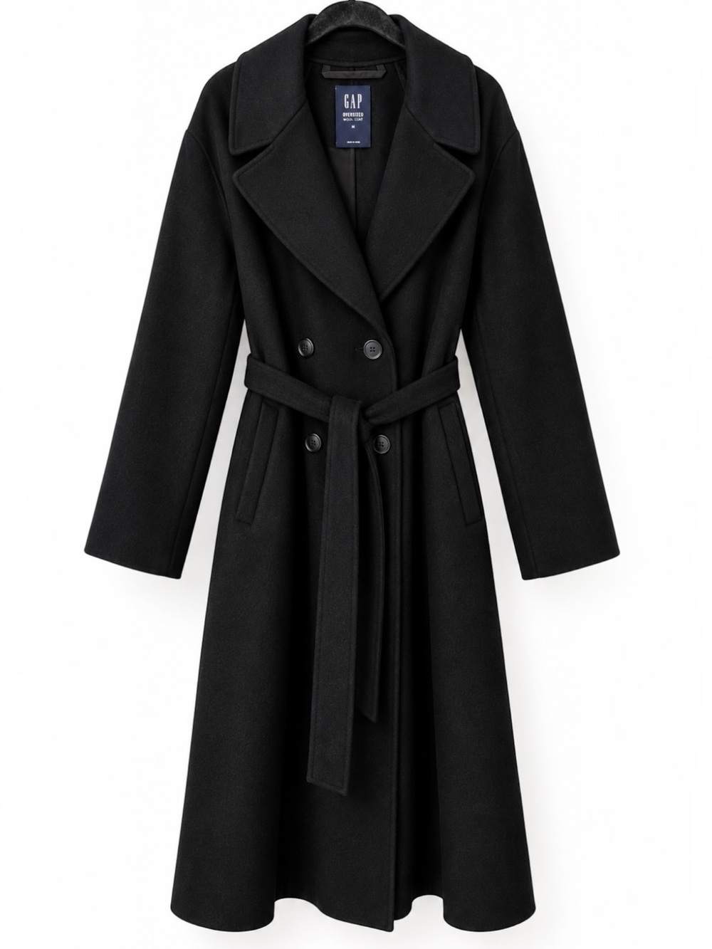 GAP Oversized Wool Coat M Black Double Face Belted Long Double Breasted Winter - Picture 2 of 9